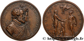 HENRY IV
Type : Médaille, Second anniversaire du dauphin 
Date : (1603) 
Metal : bronze 
Diameter : 67,5  mm
Weight : 69,51  g.
Edge : lisse 
Puncheon...