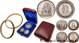 LOVE AND MARRIAGE
Type : Coffret de mariage, ses 3 médailles et 2 alliances 
Date : 1874 
Metal : gold-silver 
Diameter : 39  mm
Weight : 99,69  g.
Ed...