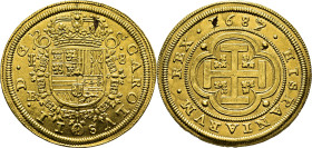 CARLOS II. Segovia. 8 escudos. 1687 sobre 3. BR. SC- o algo más flojo. Muy buen ejemplar. Muy rara