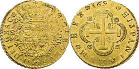 CARLOS II. Sevilla. 8 escudos. 1699. Prácticamente SC. Soberbio. Muy rara
