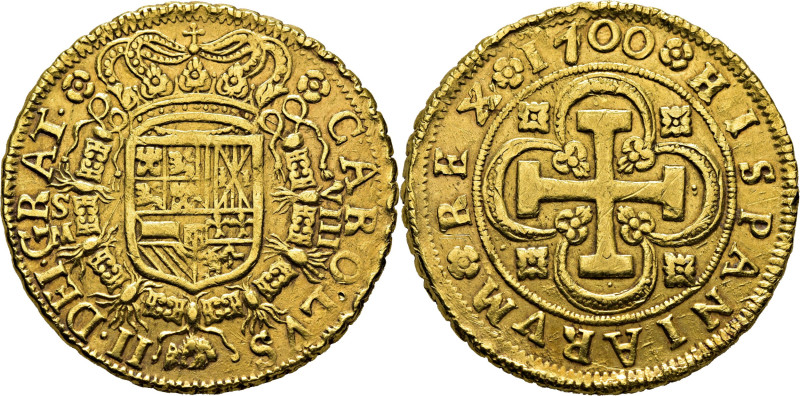 CARLOS II. Sevilla. 8 escudos. 1700 el segundo dígito rectificado. M. Escudo est...