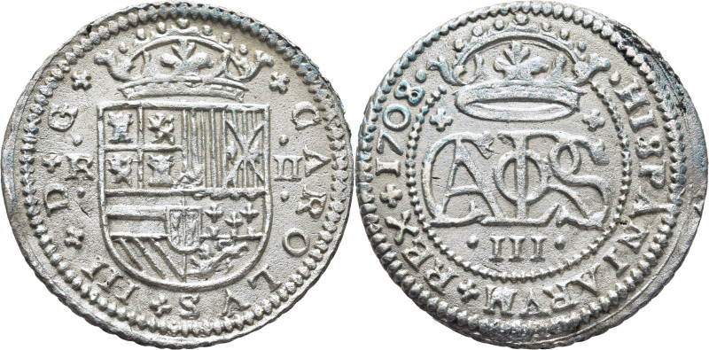 CARLOS III Archiduque. Barcelona. 2 reales. 1708 sobre 7. Las A son V invertidas...