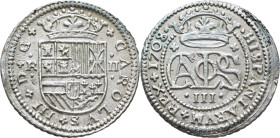 CARLOS III Archiduque. Barcelona. 2 reales. 1708 sobre 7. SC. Estupenda. Atractiva