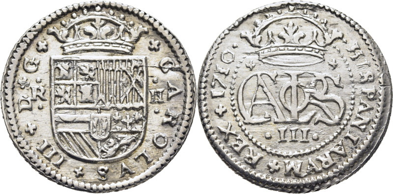 CARLOS III Archiduque. Barcelona. 2 reales. 1710. La V de RVM con A invertida. C...