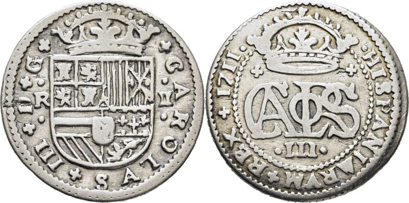 CARLOS III Archiduque. Barcelona. 2 reales. 1711. La V de CAROLVS con A invertid...