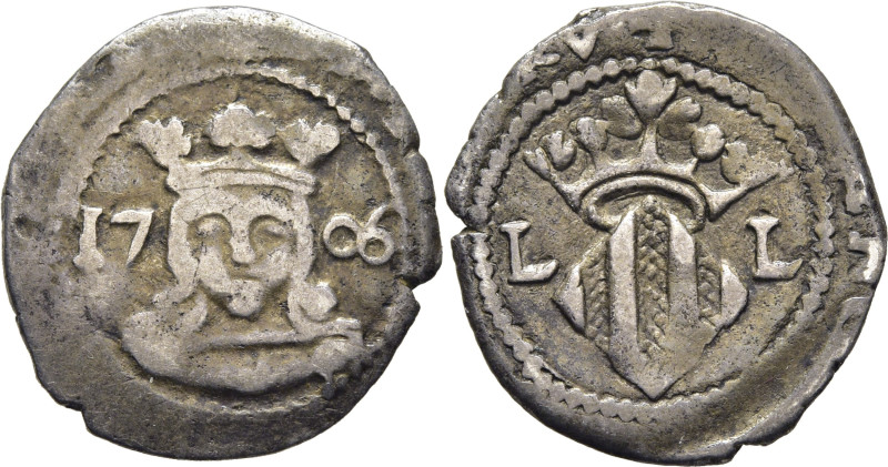 CARLOS III. Valencia. Dieciocheno. 1706. Cy7974. 1´6 g. Cercenado. MBC-/BC+. Ton...