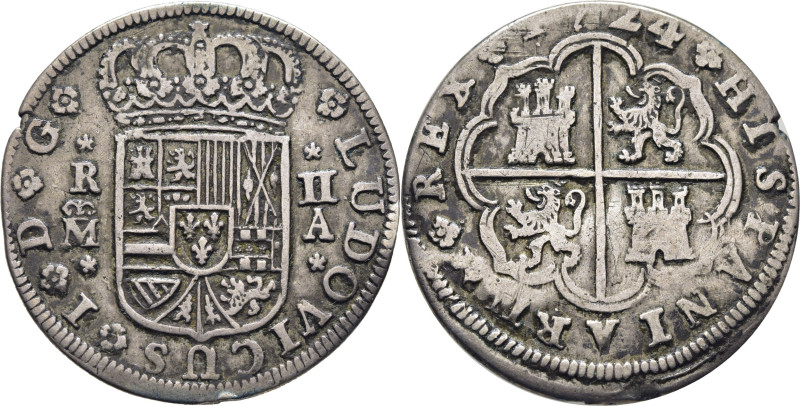 LUIS I. Madrid. 2 reales. 1724. A. Cy10107. 4´3 g. Levemente doblada. MBC/MBC-. ...