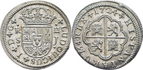 LUIS I. Sevilla. 2 reales. 1724. J. SC. Soberbio. Rarísima