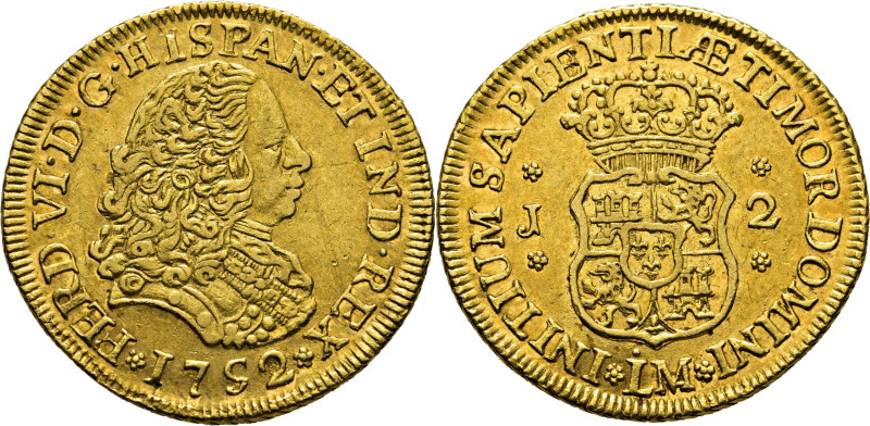 FERNANDO VI. Lima. 2 escudos. 1752 sobre 1. J. Cy10749. 6´6 g. Mínimo pelo frent...