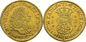 FERNANDO VI. Lima. 2 escudos. 1752 sobre 1. J. EBC/EBC+. Muy buen ejemplar. Rarísima