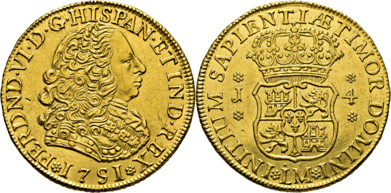 FERNANDO VI. Lima. 4 escudos. 1751. J. Cy10801. 13´5 g. Sirvió de joya. Leve mar...