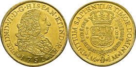 FERNANDO VI. Lima. 8 escudos. 1751. J. EBC+ y algo mejor el reverso. Estupenda. Muy rara