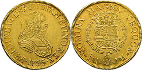 FERNANDO VI. Lima. 8 escudos. 1755 sobre 4. JM. Mejor que EBC. Atractiva. Rara
