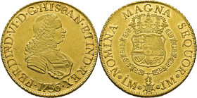 FERNANDO VI. Lima. 8 escudos. 1756 parece que sobre 5. JM. SC-/SC. Estupenda. Rarísima