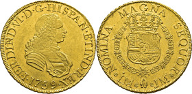 FERNANDO VI. Lima. 8 escudos. 1759. JM. Casi SC-. Atractiva. Muy rara