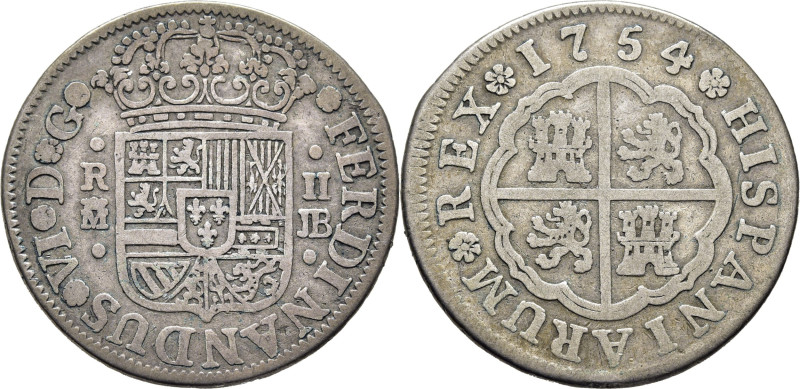 FERNANDO VI. Madrid. 2 reales. 1754. JB. Cy10414. 5´5 g. Sin cordoncillo. MBC- o...