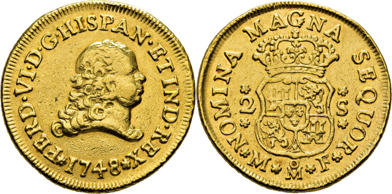 FERNANDO VI. Méjico. 2 escudos. 1748. MF. Busto excesivamente a la derecha. Cy10...