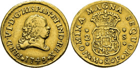 FERNANDO VI. Méjico. 2 escudos. 1749 sobre 8. MF. Rara