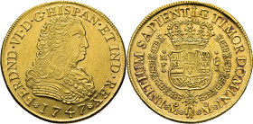 FERNANDO VI. Méjico. 8 escudos. 1747. MF. EBC+ o más flojo el anverso. Atractiva. Estupendo reverso. Muy rara