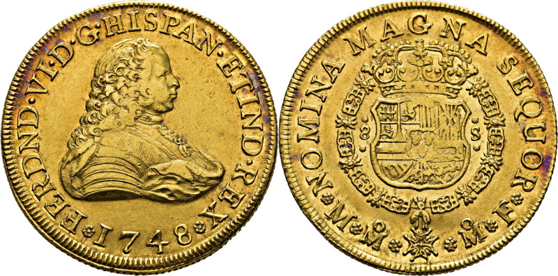 FERNANDO VI. Méjico. 8 escudos. 1748. MF. Cy10847. 26´9 g. Acuñación central alg...