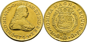FERNANDO VI. Méjico. 8 escudos. 1749. MF. EBC-/EBC. Buen reverso. Rara