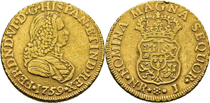 FERNANDO VI. Nuevo Reino. 2 escudos. 1759. J. Cy10780. 6´7 g. Marquitas, casi ab...