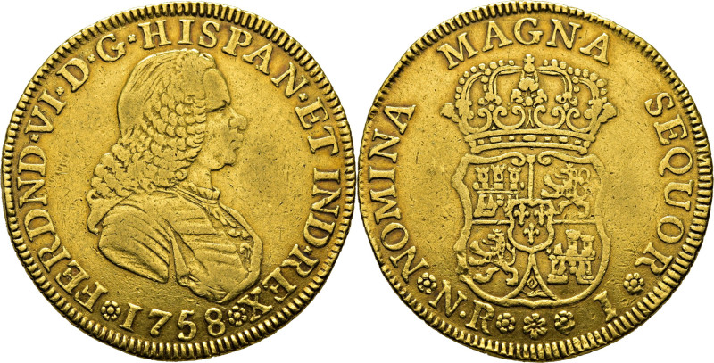 FERNANDO VI. Nuevo Reino. 4 escudos. 1758 rectificado sobre 8. J. Cy10831. 13´3 ...