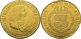 FERNANDO VI. Nuevo Reino. 8 escudos. 1757. J. EBC o algo mejor el reverso. Buen ejemplar. Rara