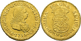 FERNANDO VI. Popayán. 2 escudos. 1759. J. EBC o algo mejor. Atractiva. Rara