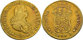 FERNANDO VI. Popayán. 4 escudos. 1758. J. Atractivo tono. Muy rara