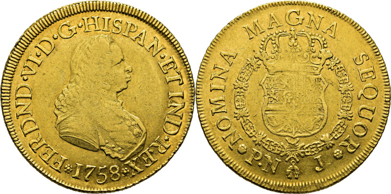 FERNANDO VI. Popayán. 8 escudos. 1758. J. Cy10911. 26´8 g. Acuñación central déb...