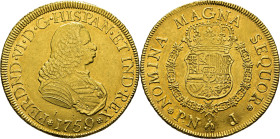 FERNANDO VI. Popayán. 8 escudos. 1759. J. EBC-/EBC. Muy buen ejemplar. Atractiva. Muy rara