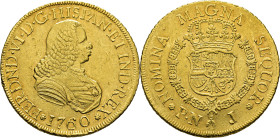 FERNANDO VI. Popayán. 8 escudos. 1760. J. EBC-/EBC. Buen ejemplar. Muy rara