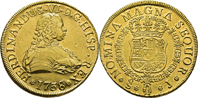 FERNANDO VI. Santiago. 8 escudos. 1758 sobre 7. J. Cy10914. 26´9 g. Marquitas. I...