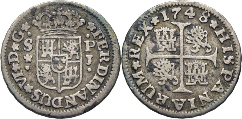 FERNANDO VI. Sevilla. 1/2 real. 1748. PJ. Cy10160. 1´3 g. Algunas adherencias su...