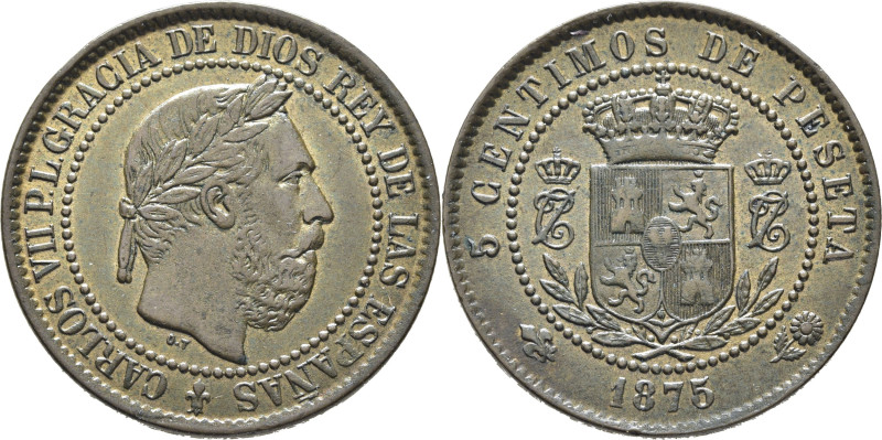 CARLOS VII. Oñate. 5 céntimos. 1875. OT bajo el corte. Cy17457. Acuñación algo d...