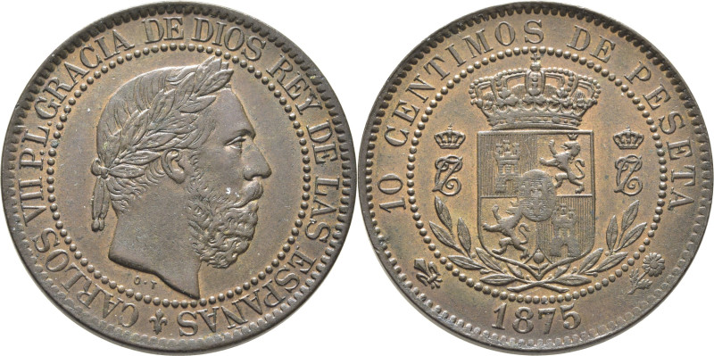 CARLOS VII. Oñate. 10 céntimos. 1875. OT bajo el corte. Cy17460. Acuñación algo ...