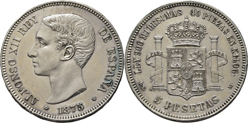 ALFONSO XII. Madrid. 5 pesetas. 1875*18-75. DEM. Cy17503. Suaves finas rayitas a...