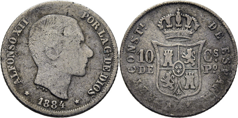 ALFONSO XII. Manila. 10 centavos. 1884. Cy17545. BC/BC+. Rara