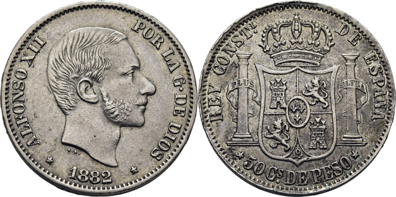 ALFONSO XII. Manila. 50 centavos. 1882. Cy17563. Restos de verdín en el canto. E...