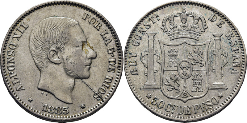 ALFONSO XII. Manila. 50 centavos. 1883. Cy17563. Cuño abierto de la papada a S d...