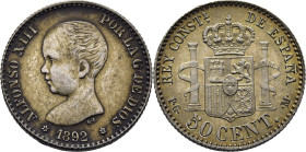 ALFONSO XIII. Madrid. 50 céntimos. 1892*9-2. PGM. EBC+/SC. Atractiva