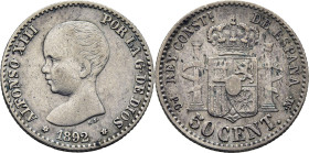 ALFONSO XIII. Madrid. 50 céntimos. 1892*8-2. PGM. Escaso error