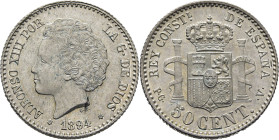 ALFONSO XIII. Madrid. 50 céntimos. 1894*9-4. PGV. SC. Magnífica