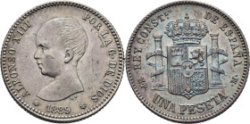 ALFONSO XIII. Madrid. 1 peseta. 1889*18-89. Casi EBC-/EBC. Escasa