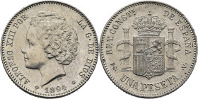 ALFONSO XIII. Madrid. 1 peseta. 1894*18-94. PGV. SC-. Bello ejemplar. Rara
