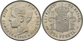ALFONSO XIII. Madrid. 1 peseta. 1902*19-02. SMV. SC-/SC. Bella. Muy escasa