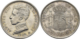 ALFONSO XIII. Madrid. 1 peseta. 1905*19-05. SMV. SC. Muy bella. Llamativo brillo y tono. Muy escasa