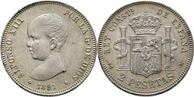 ALFONSO XIII. Madrid. 2 pesetas. 1891*18-91. PGM. EBC+. Atractivo. Escasa