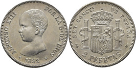 ALFONSO XIII. Madrid. 2 pesetas. 1892*18-92. PGM. Mejor que SC/SC. Magnífico anverso. Muy escasa